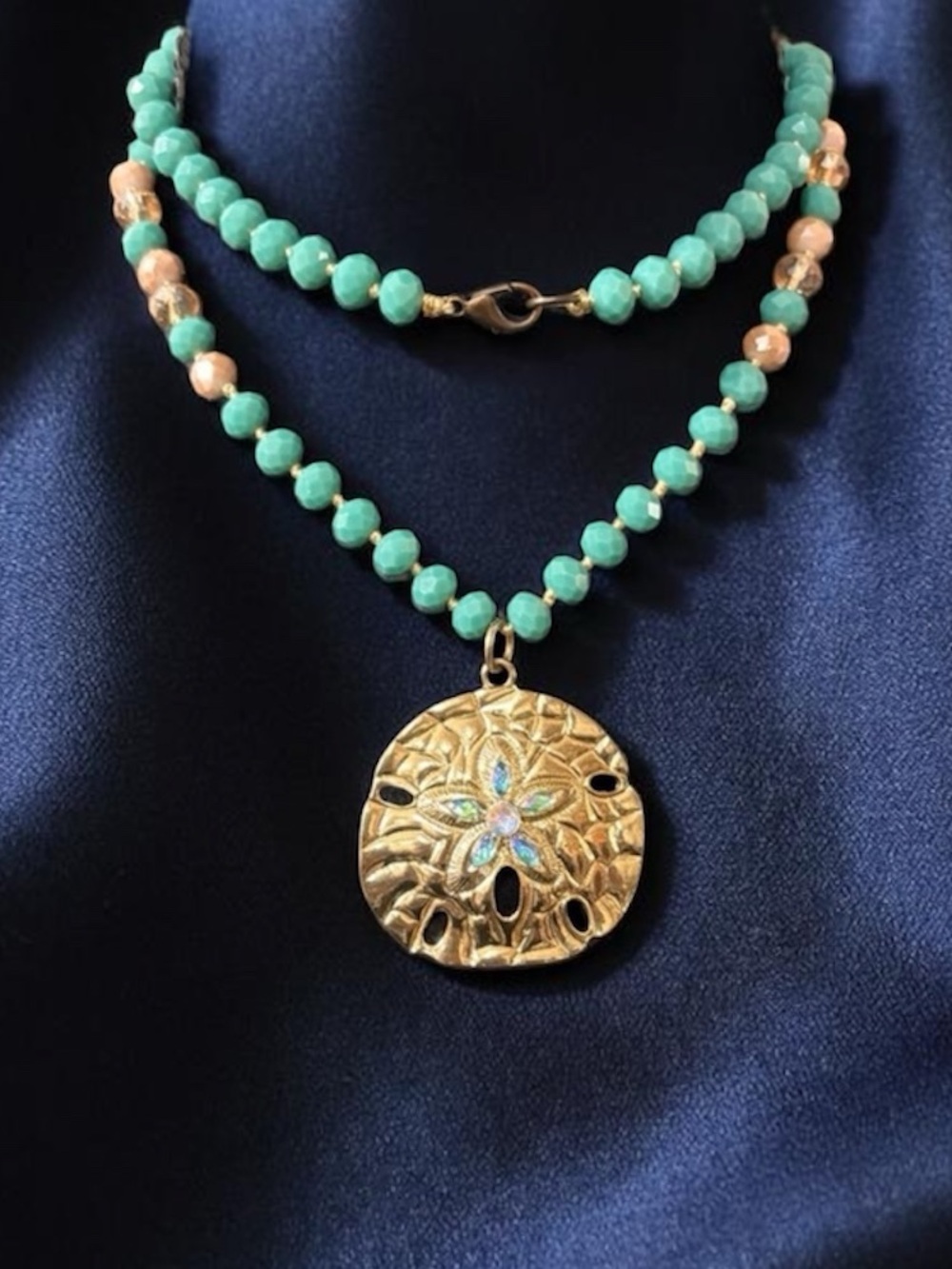 Gold and Turquoise Beaded Necklace With Sand Dollar / Starfish Pendant